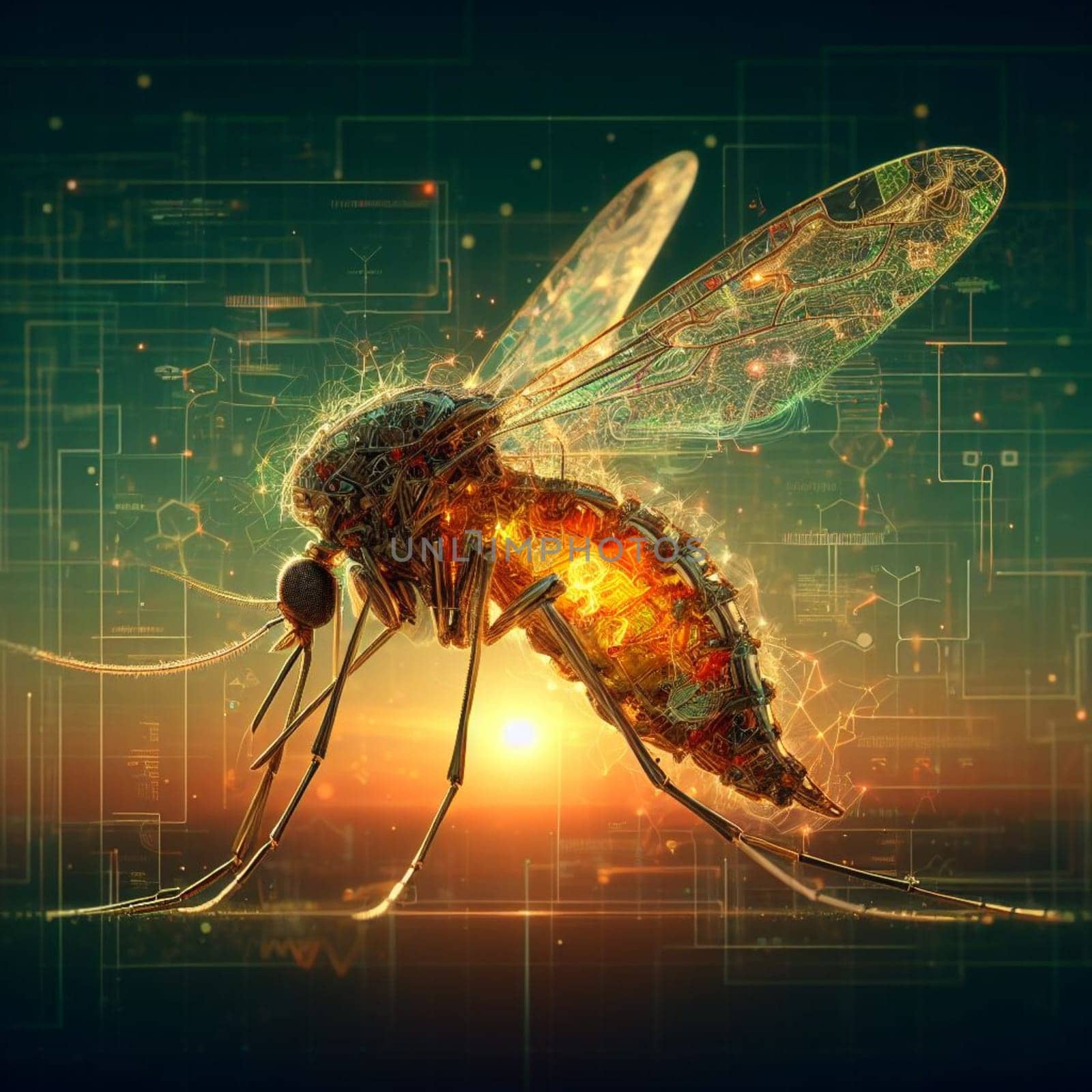 genetically modified macro closeup of nano robot engineered weapon mosquito in action concept design depopulation evil plan generative ai art