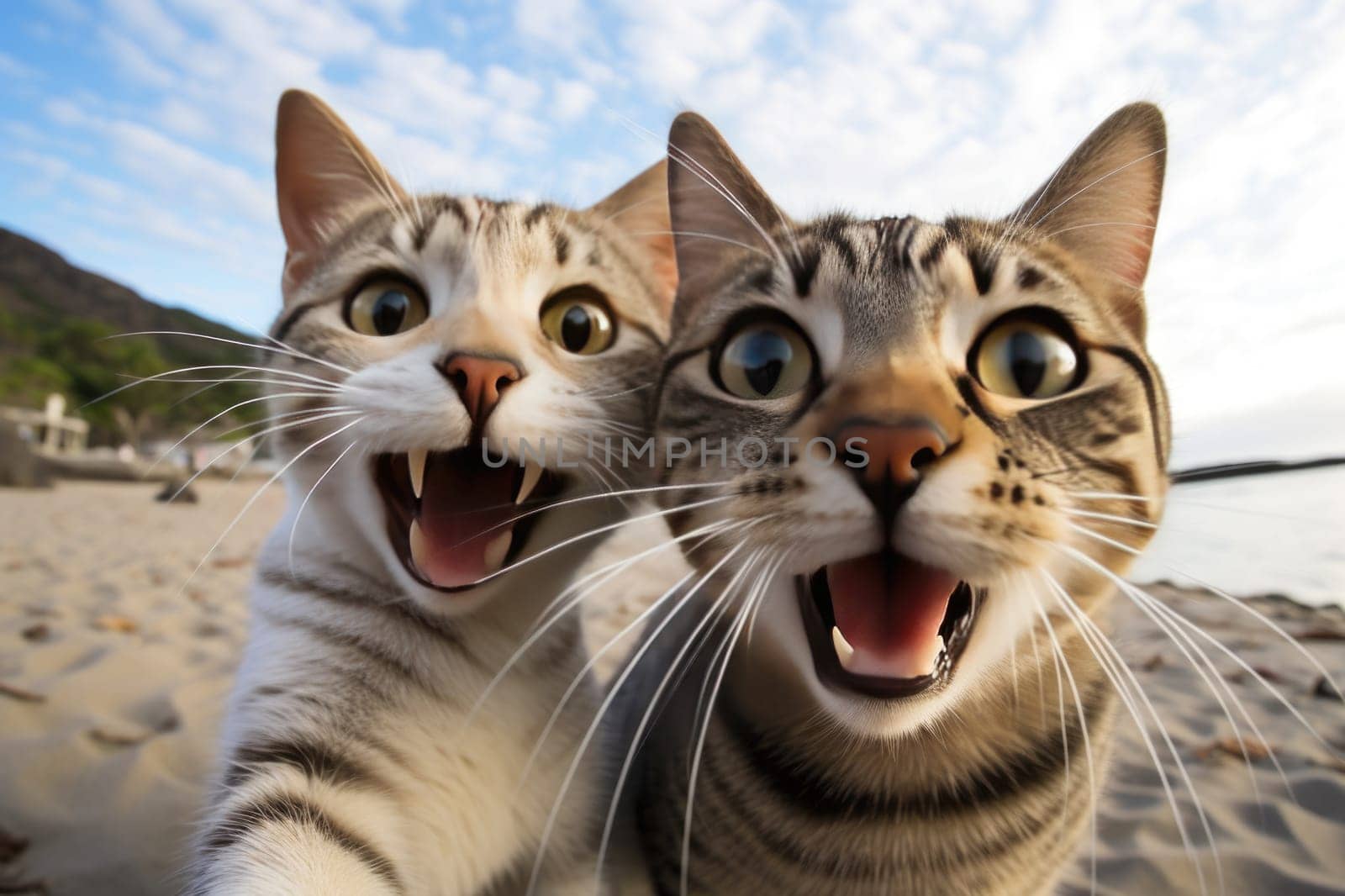 Two funny cats take a selfie on the beach. Humor.