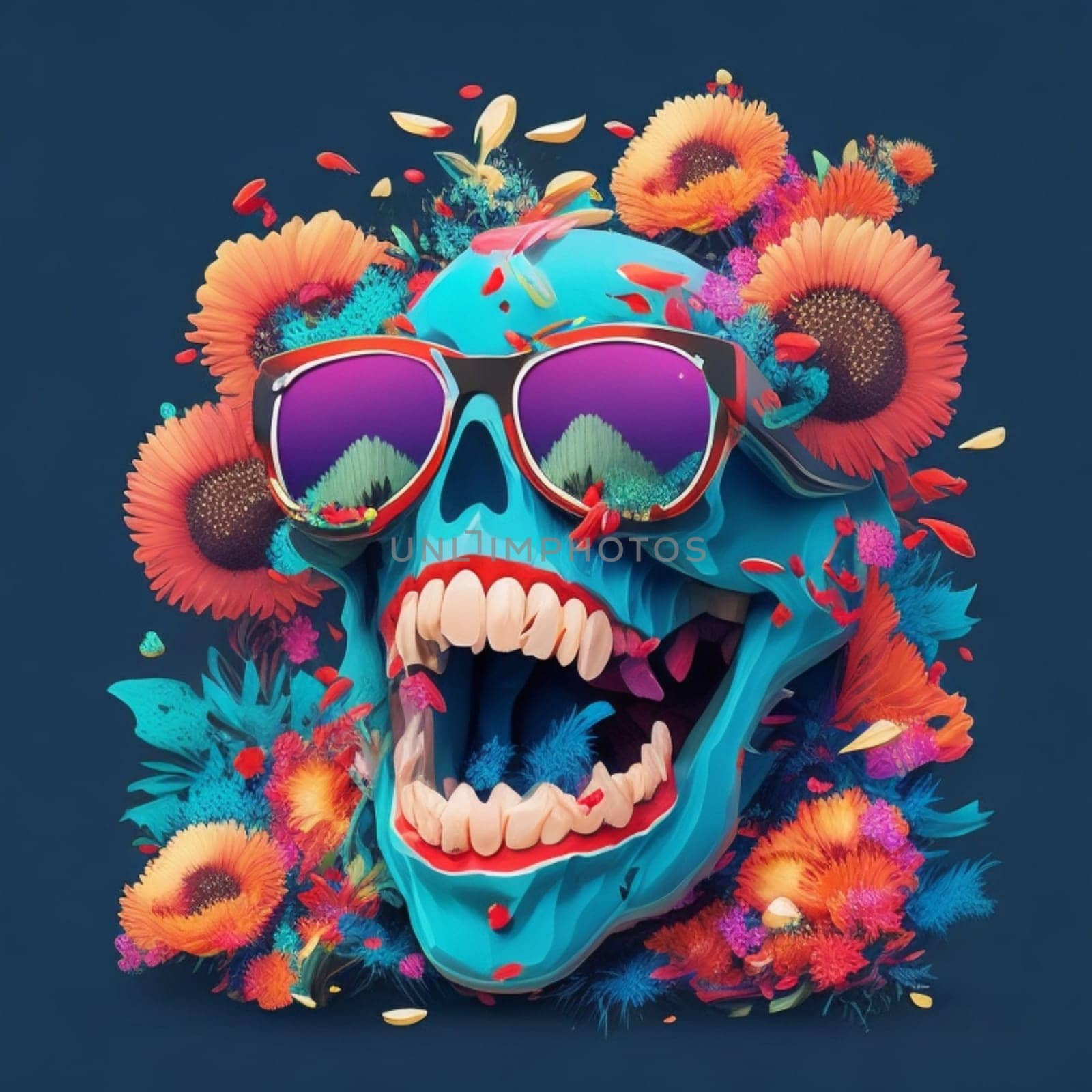 skull smile 3d illustration render happy horro mood wearing sunglasses surrounded by flowers by verbano