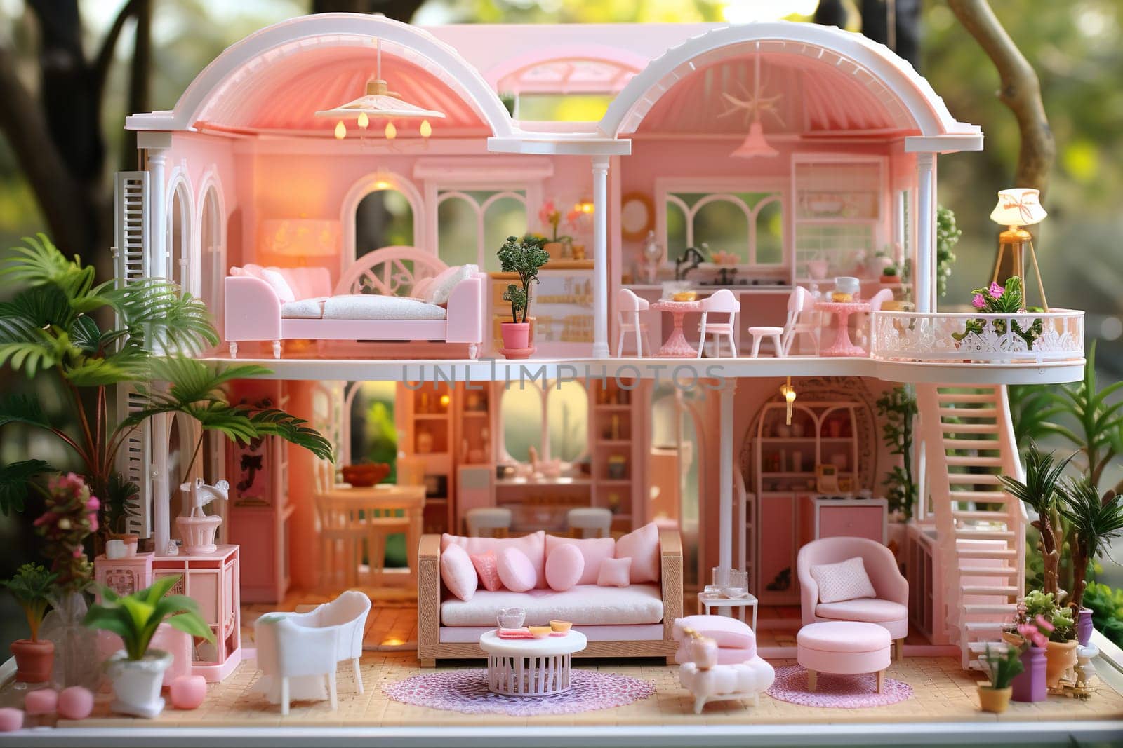 Modern dollhouse with pink interior. Generated by artificial intelligence by Vovmar