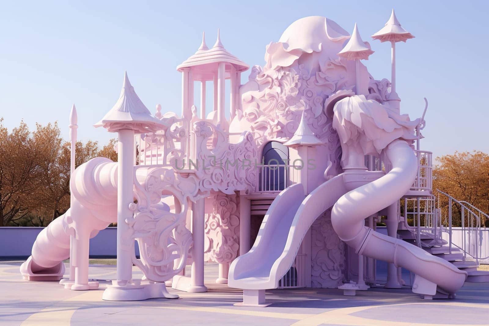 A modern children's playground in the form of a fairy-tale lilac castle. Children's entertainment concept.