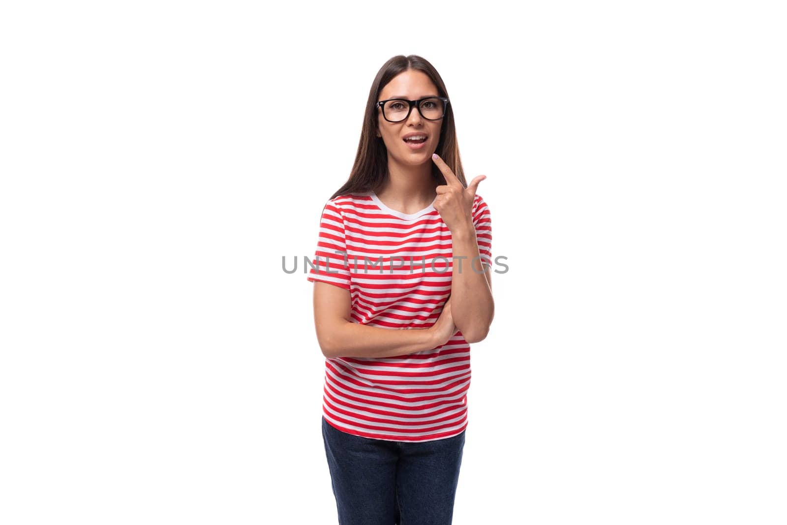 pretty 35 year old european lady in a red striped t-shirt wears glasses for vision correction on a white background with copy space.