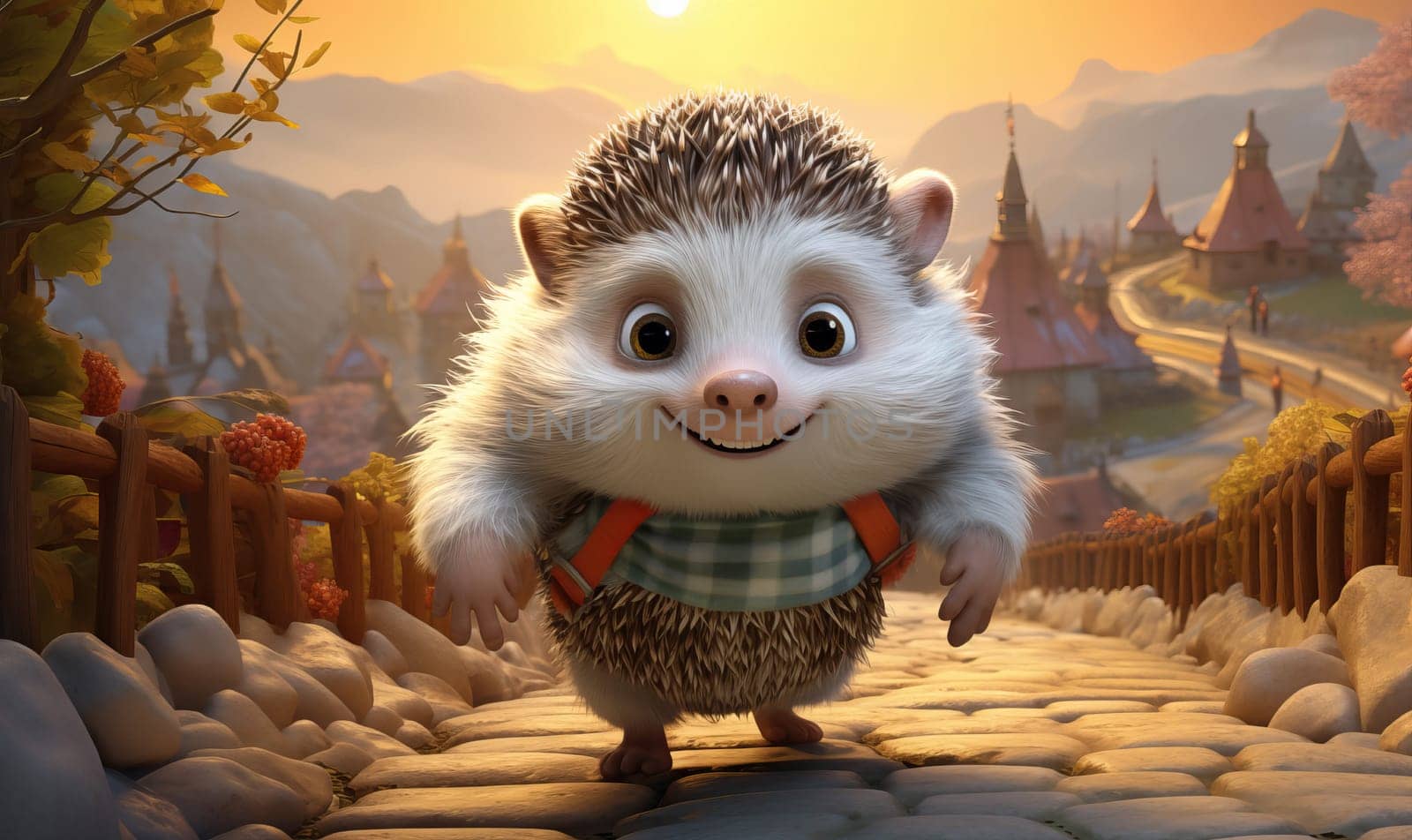 Cartoon animal hedgehog on autumn background. Selective soft focus.