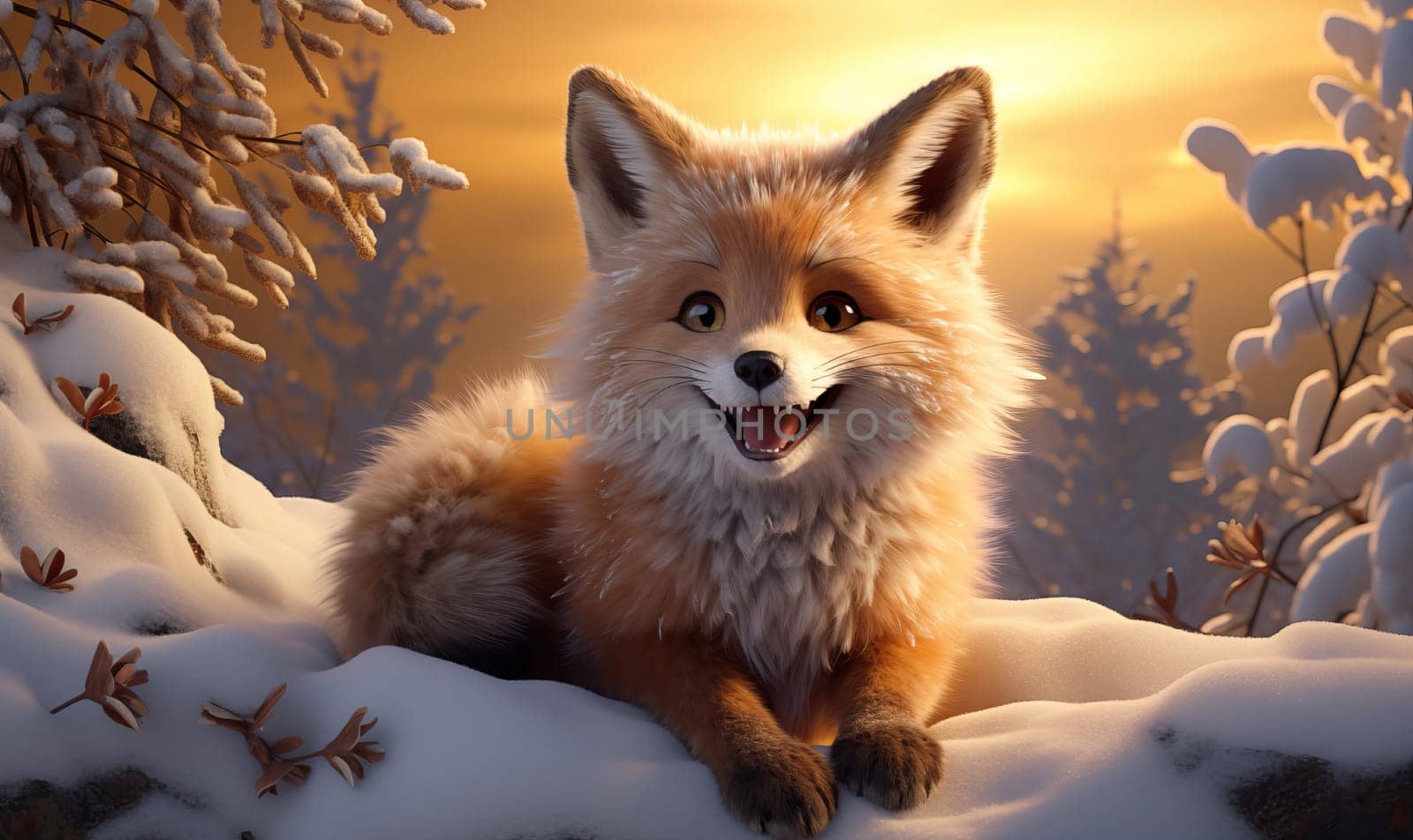 Cartoon animal fox in a winter landscape. by Fischeron