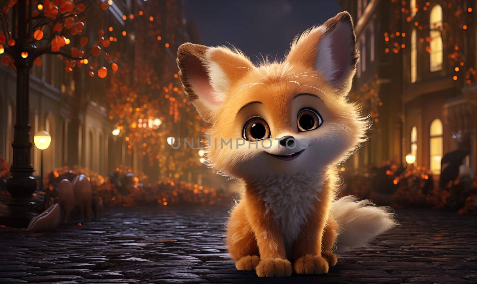 Cartoon animal fox on autumn background. Selective soft focus.