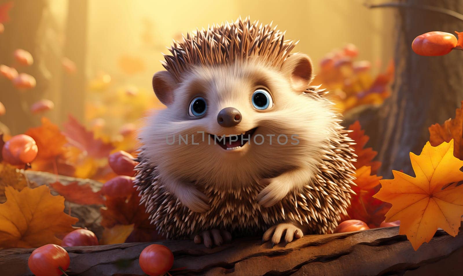 Cartoon animal hedgehog on autumn background. Selective soft focus.