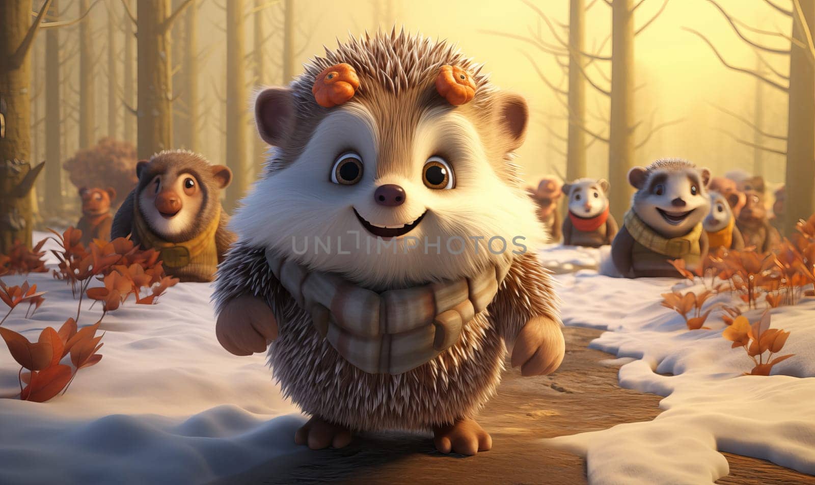 Cartoon animal hedgehog on a winter background. Selective soft focus.