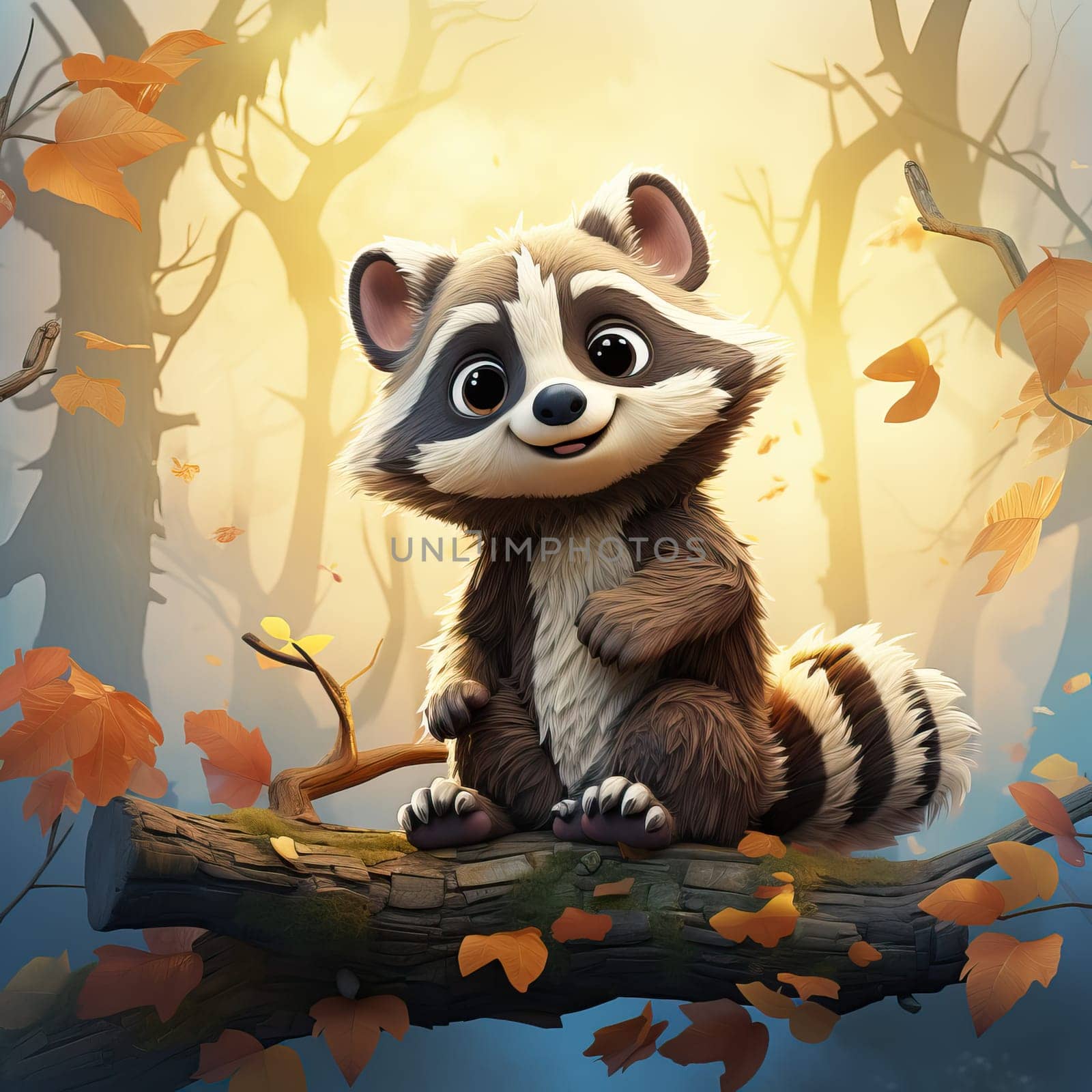 Cartoon animal raccoon on autumn background. Selective soft focus.
