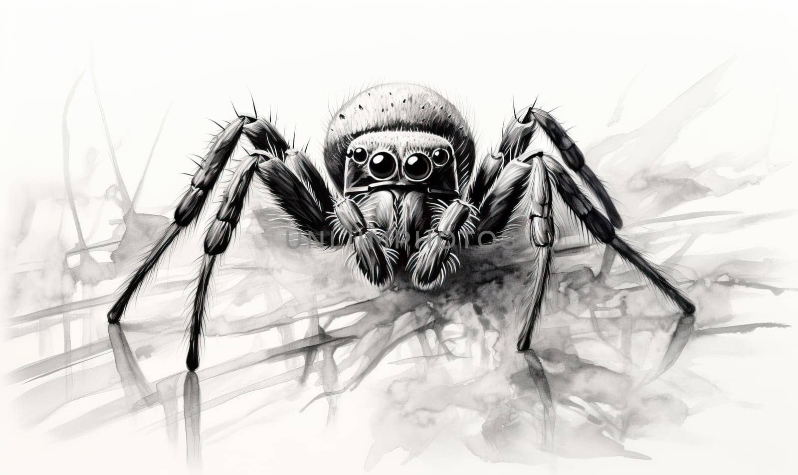 Drawing of a spider on a white background. Selective soft focus.