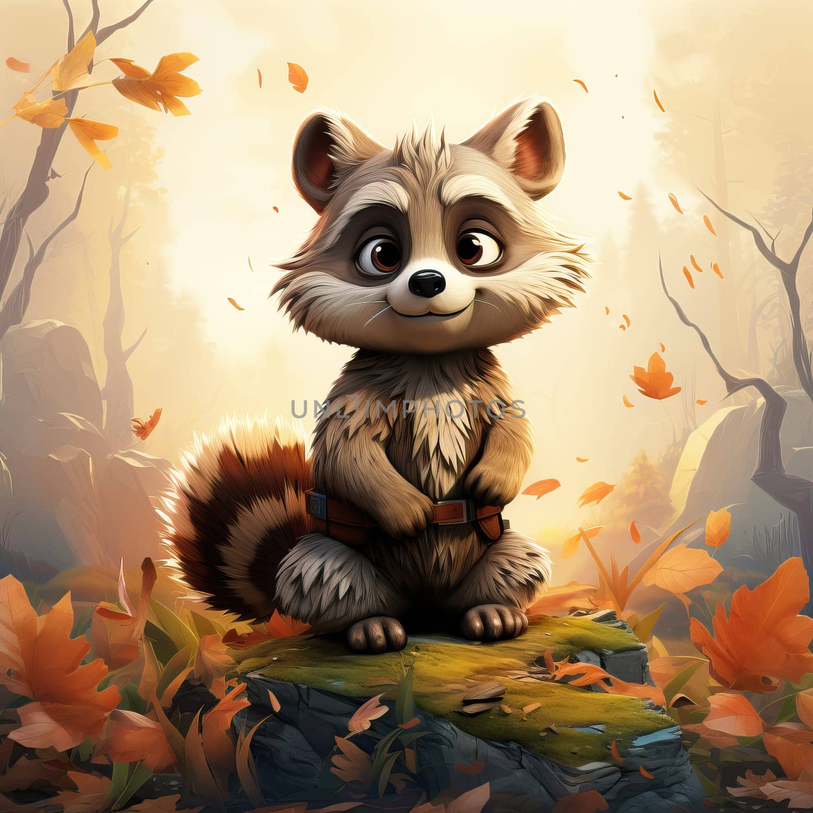 Cartoon animal raccoon on autumn background. by Fischeron