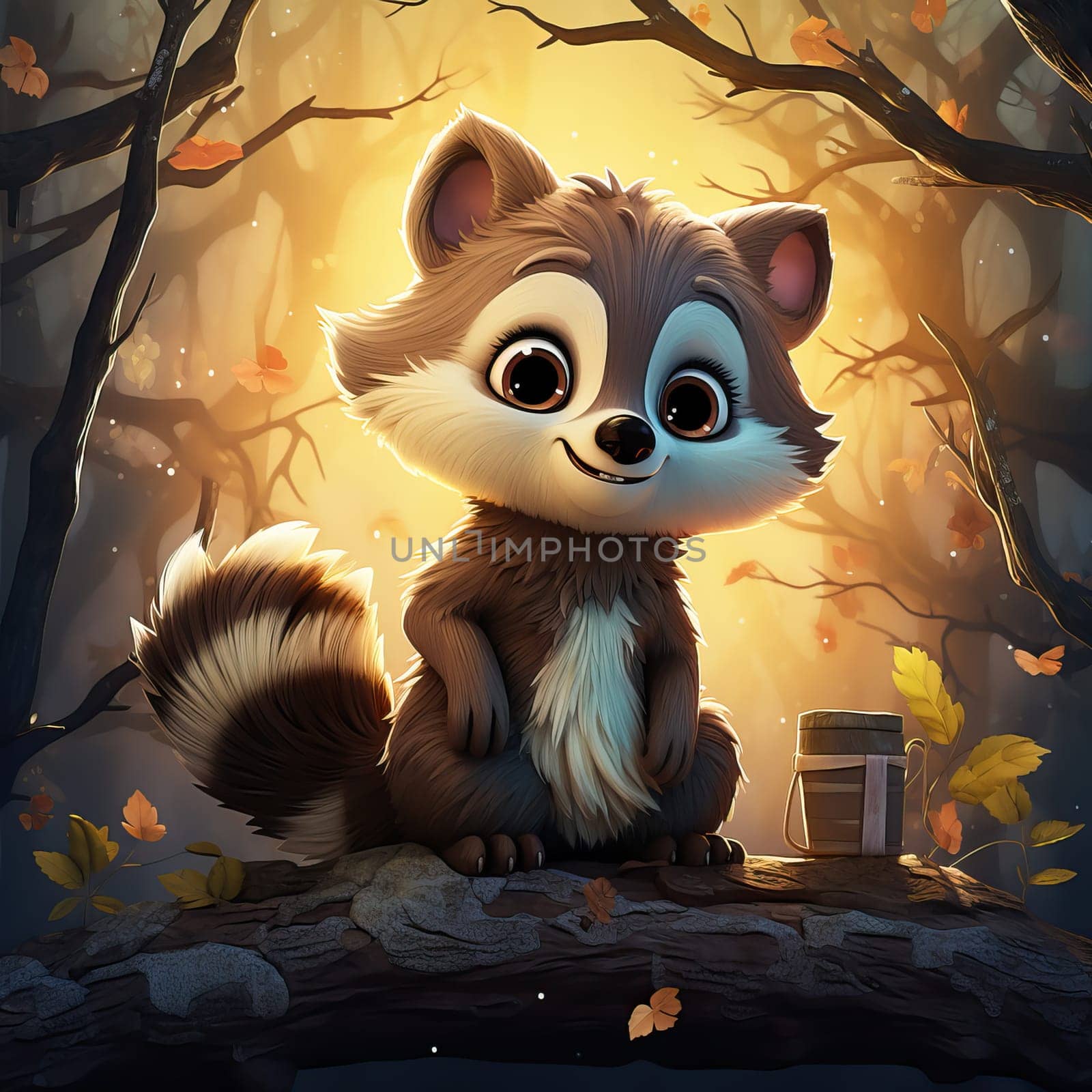 Cartoon animal raccoon on autumn background. Selective soft focus.