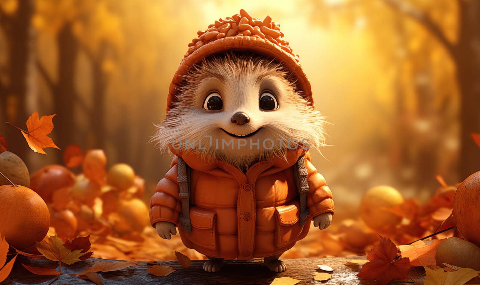 Cartoon animal hedgehog on autumn background. by Fischeron