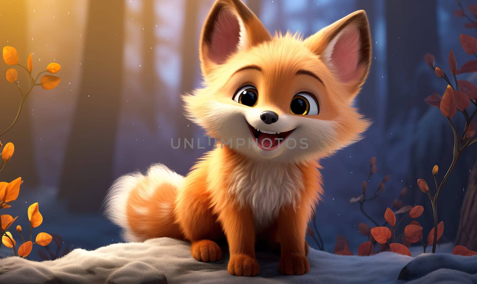 Cartoon animal fox in a winter landscape. Selective soft focus.