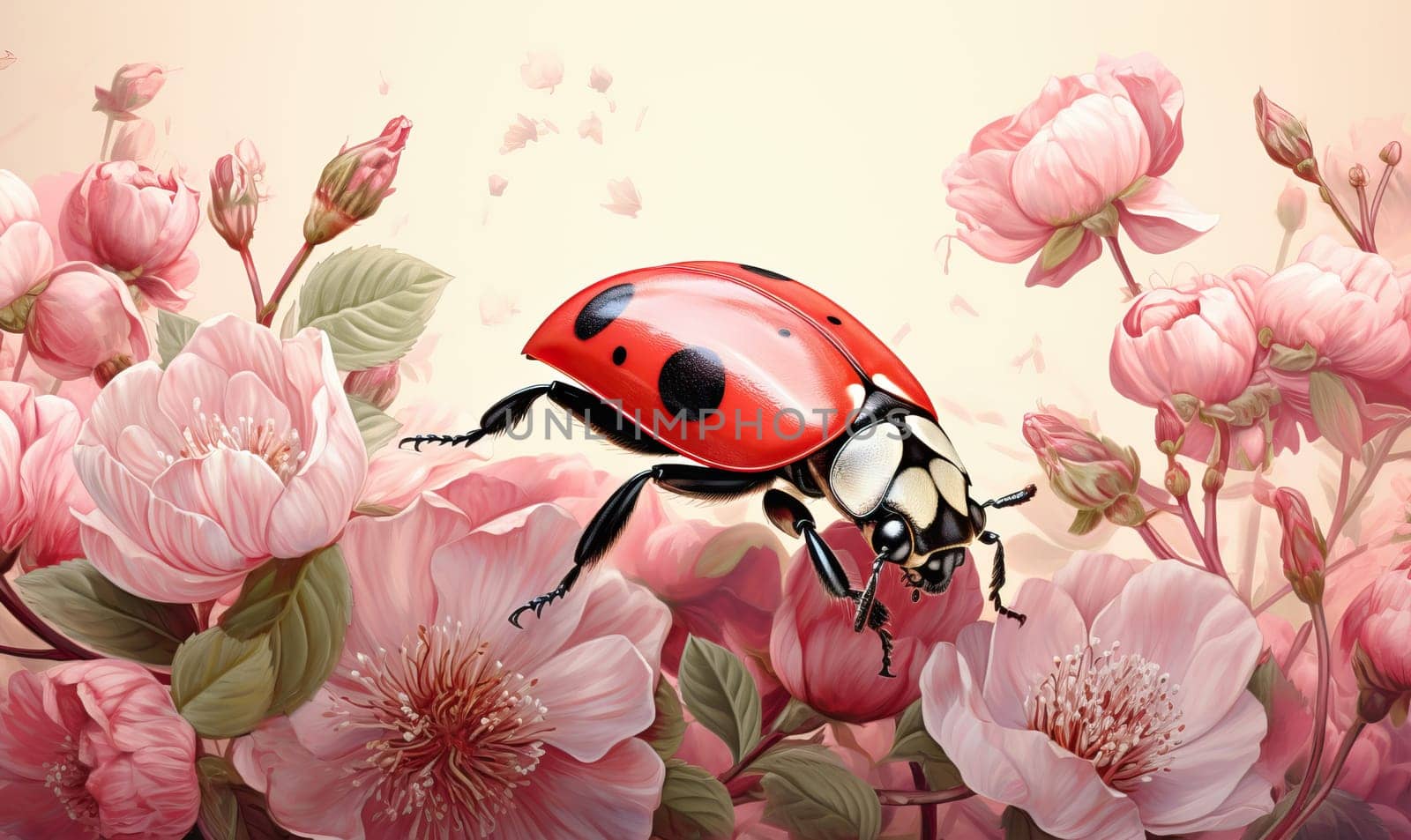 Colorful beetle on flowers on a white background. Selective soft focus.