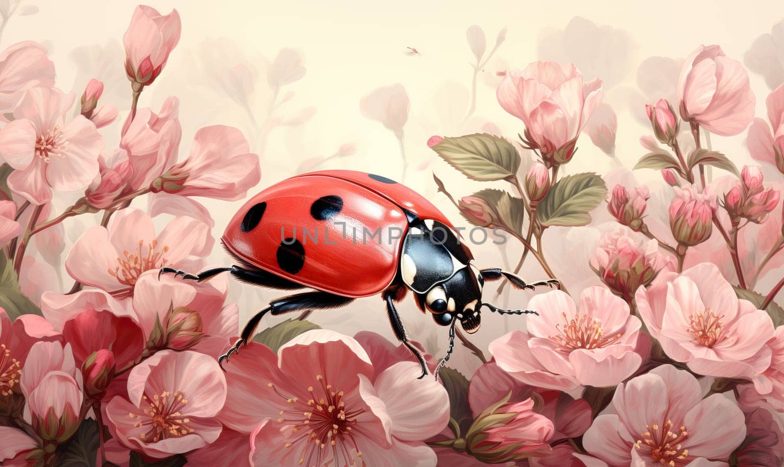 Colorful beetle on flowers on a white background. Selective soft focus.