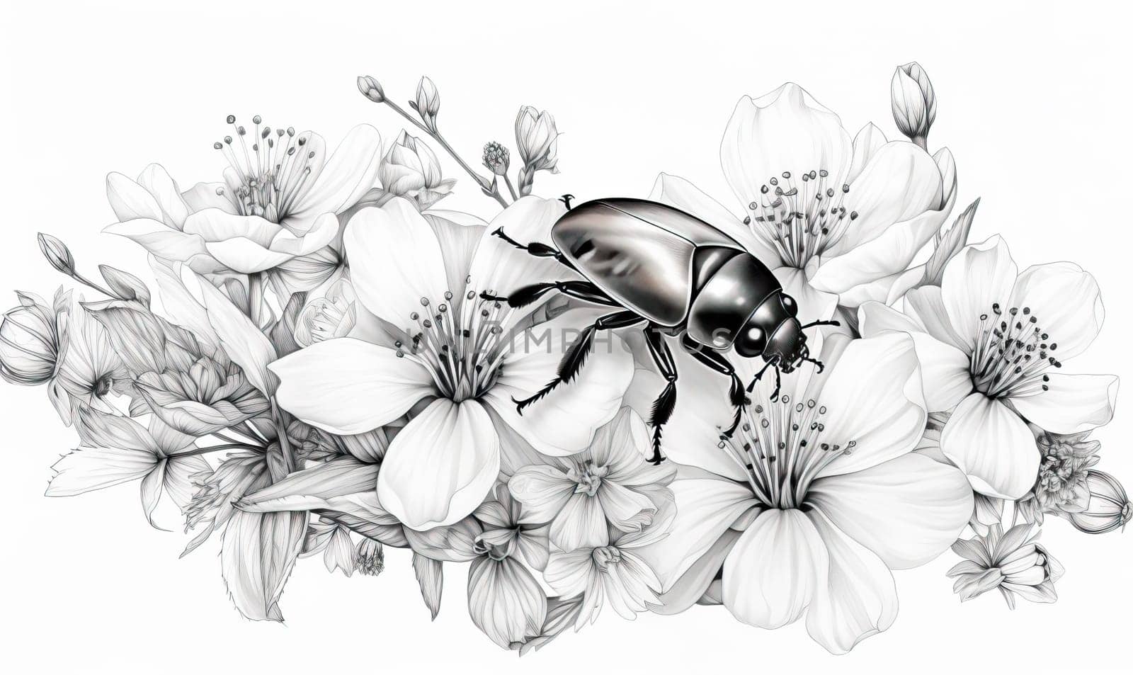 Black and white image of a beetle on flowers. by Fischeron
