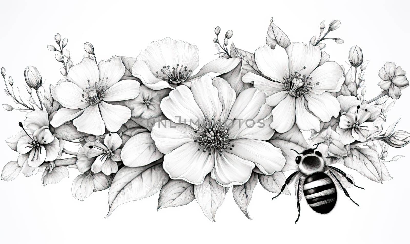 Black and white image of a bee on flowers. by Fischeron