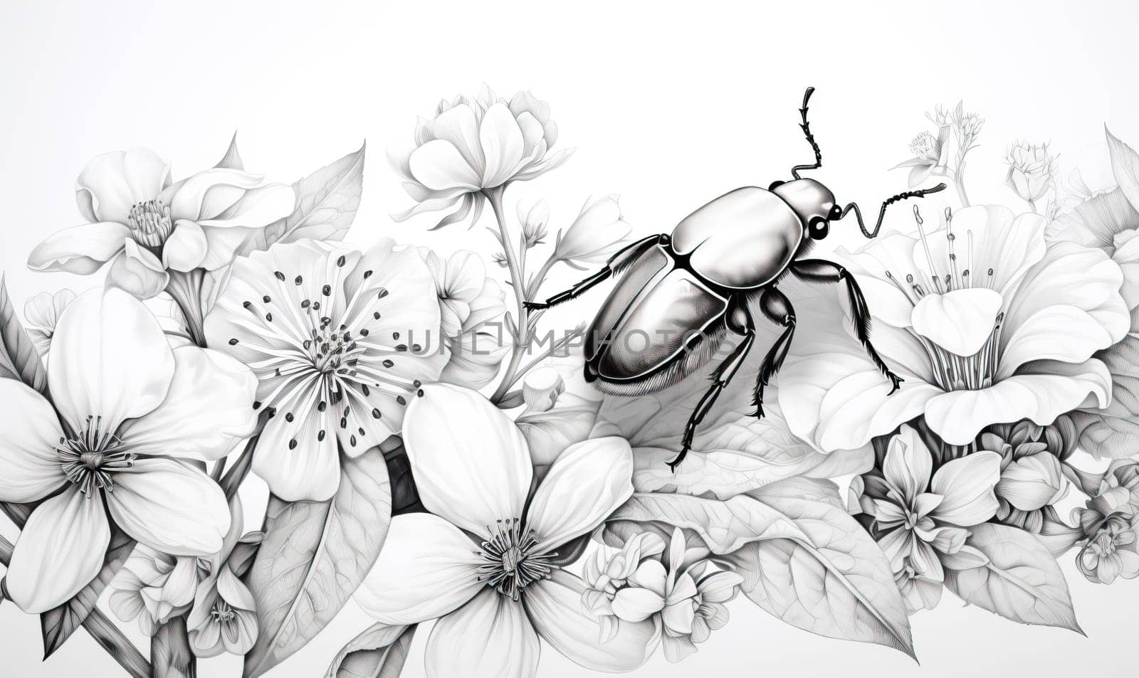 Black and white image of a beetle on flowers. by Fischeron