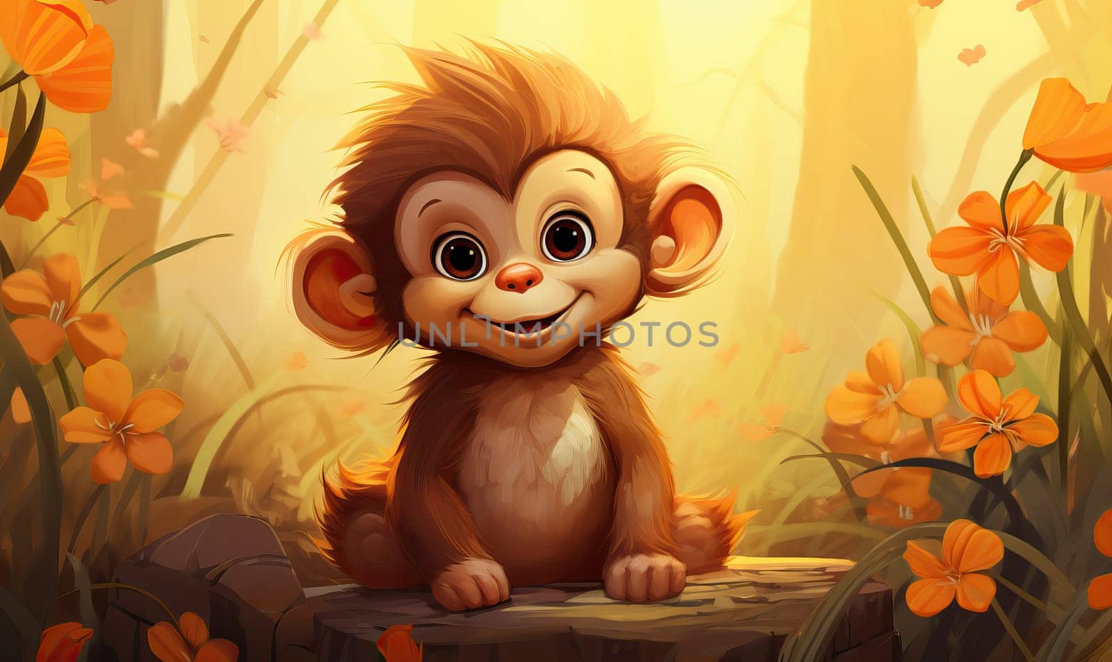 Cartoon animal monkey on an orange background. Selective soft focus.