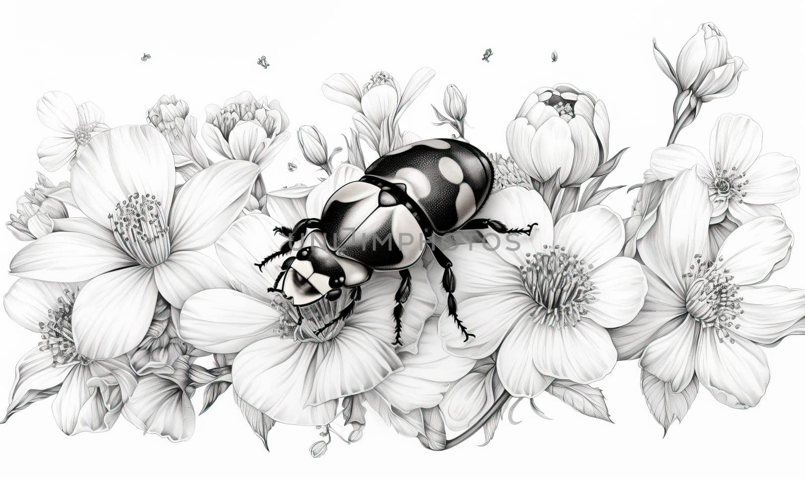 Black and white image of a bee on flowers. Selective soft focus.