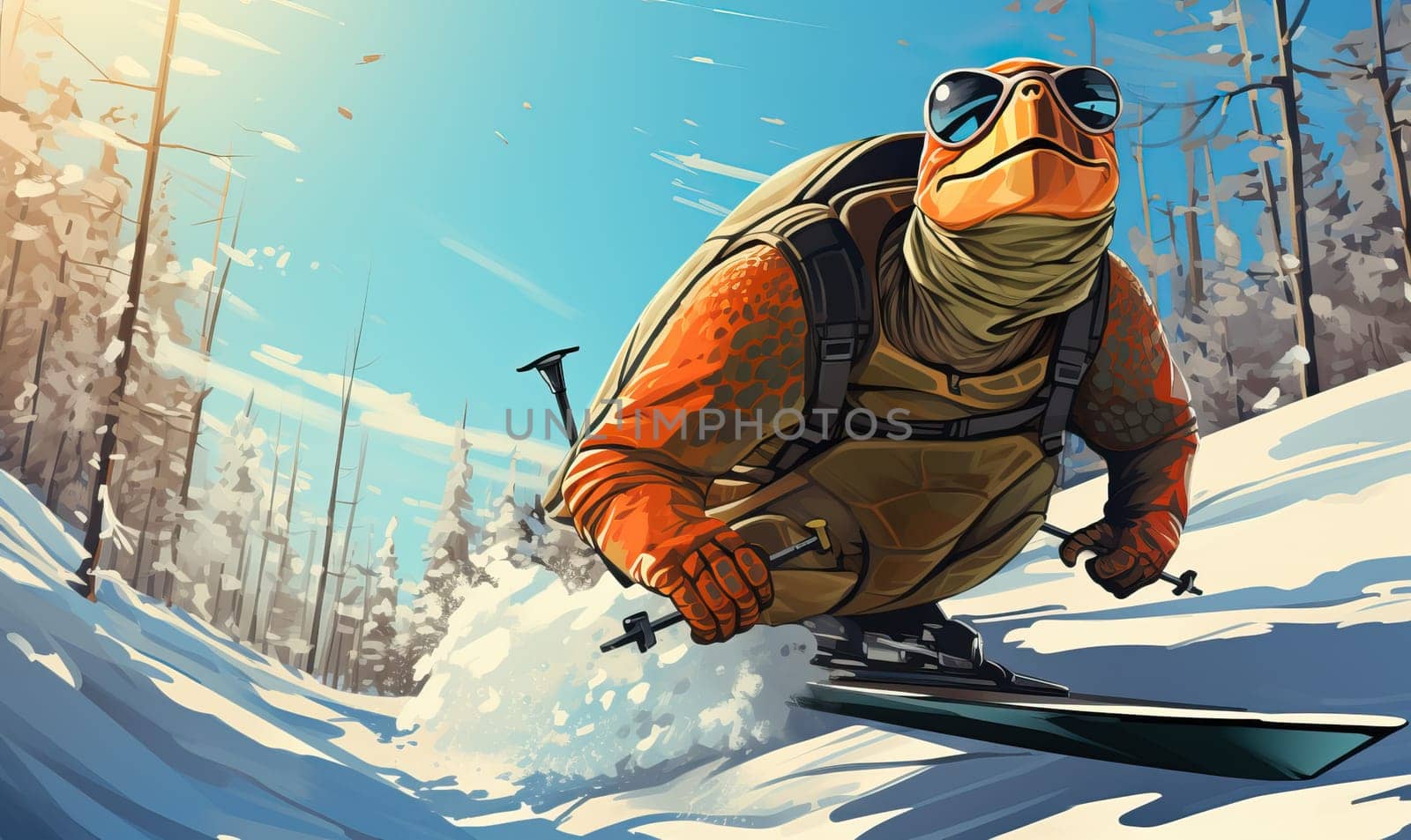 Cartoon animal turtle walks through the winter forest. by Fischeron