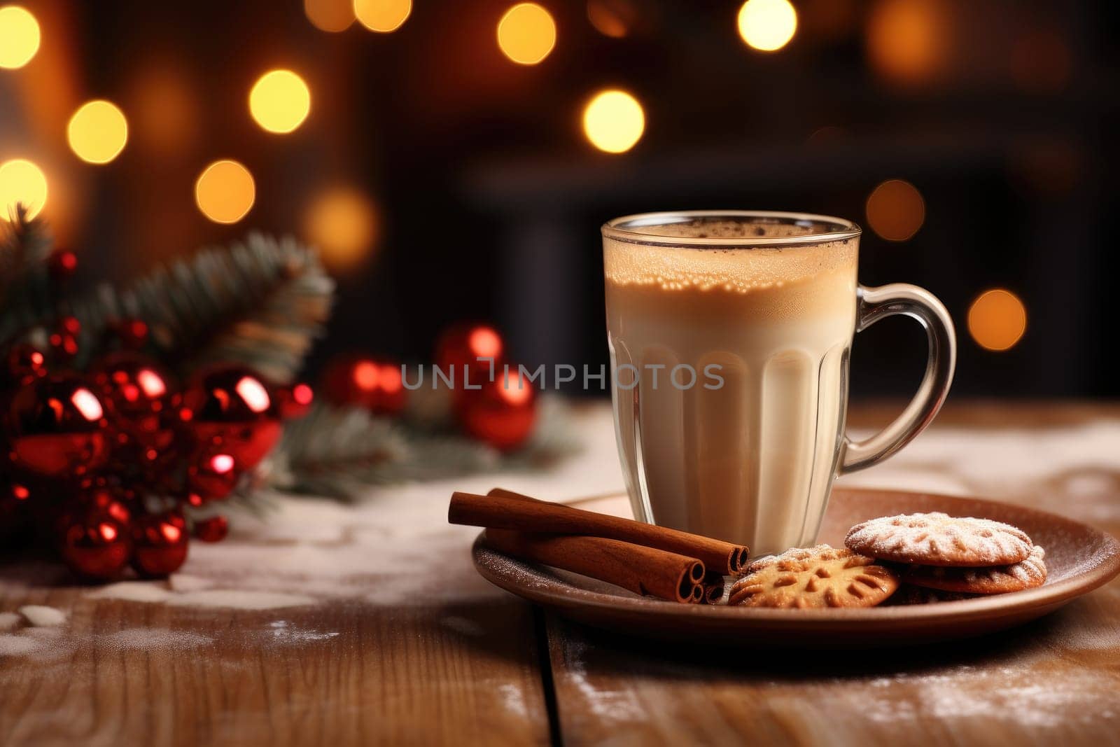 Coffee or Hot drink on table in house. Christmas festival concept. Generative AI by itchaznong