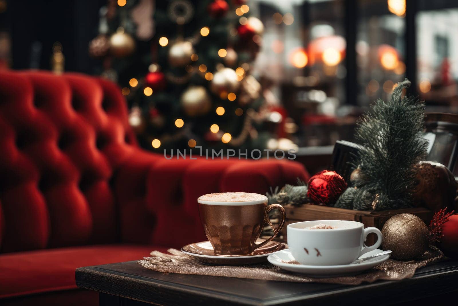 Coffee or Hot drink on table in house. Christmas festival concept. Generative AI.