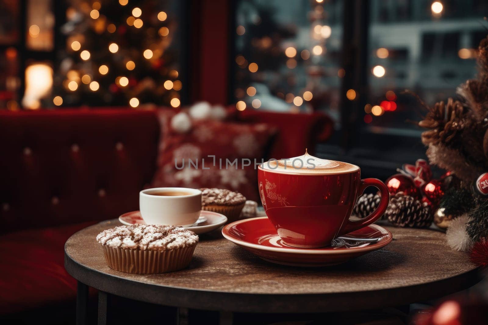 Coffee or Hot drink on table in house. Christmas festival concept. Generative AI.