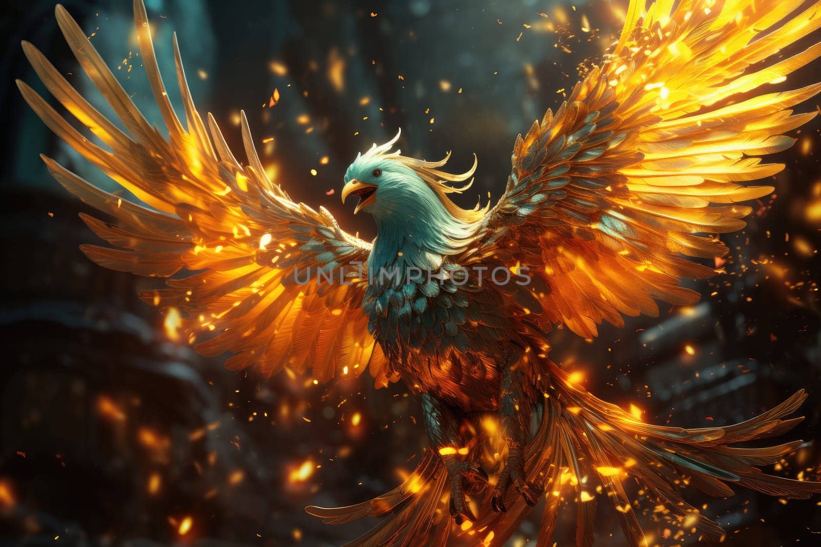 Phoenix is flying burning with fire. Birds. Mythical creatures. Generative AI.