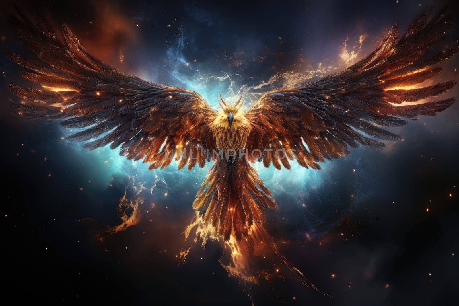 Phoenix is flying burning with fire. Birds. Mythical creatures. Generative AI.