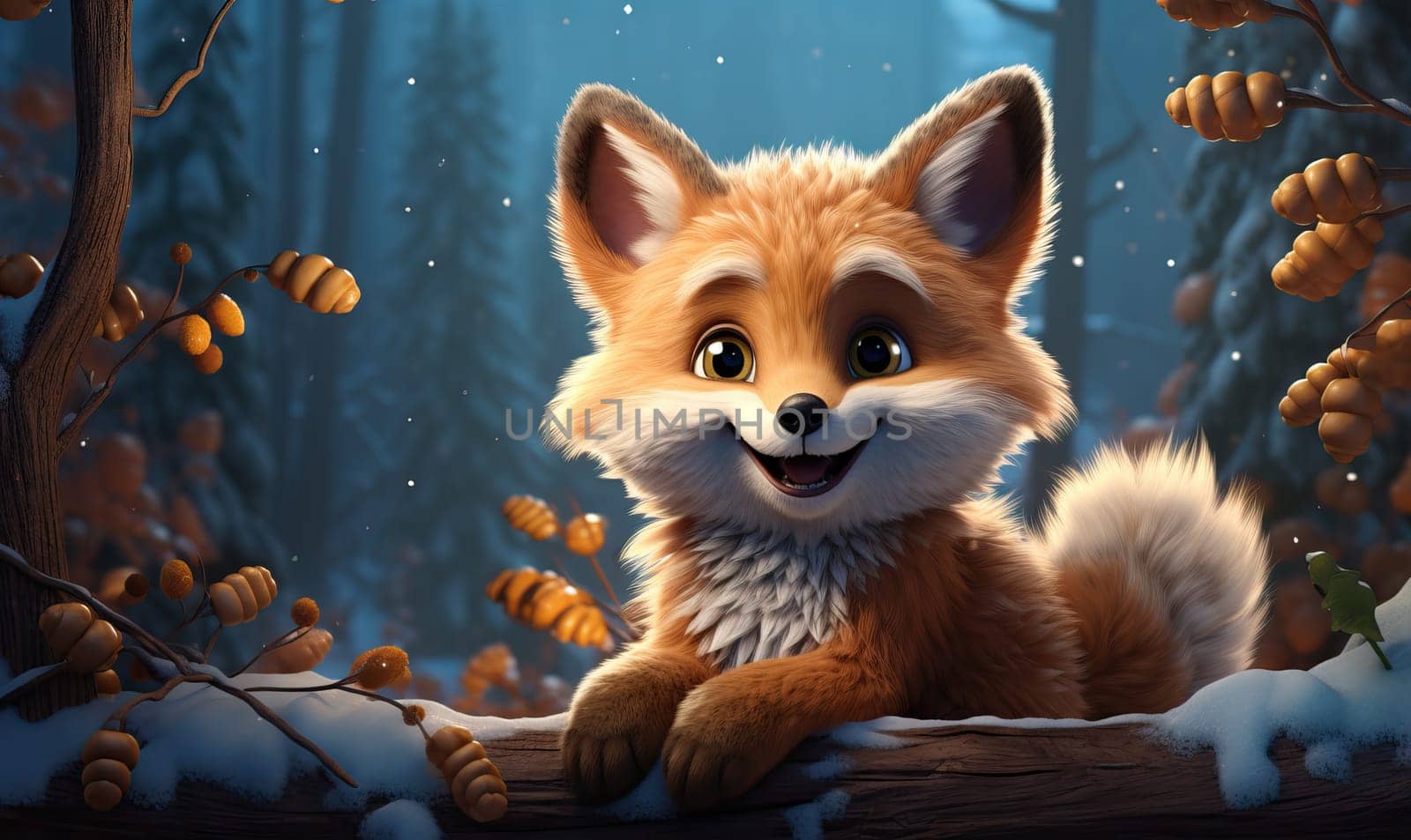 Cartoon animal fox in a winter landscape. by Fischeron