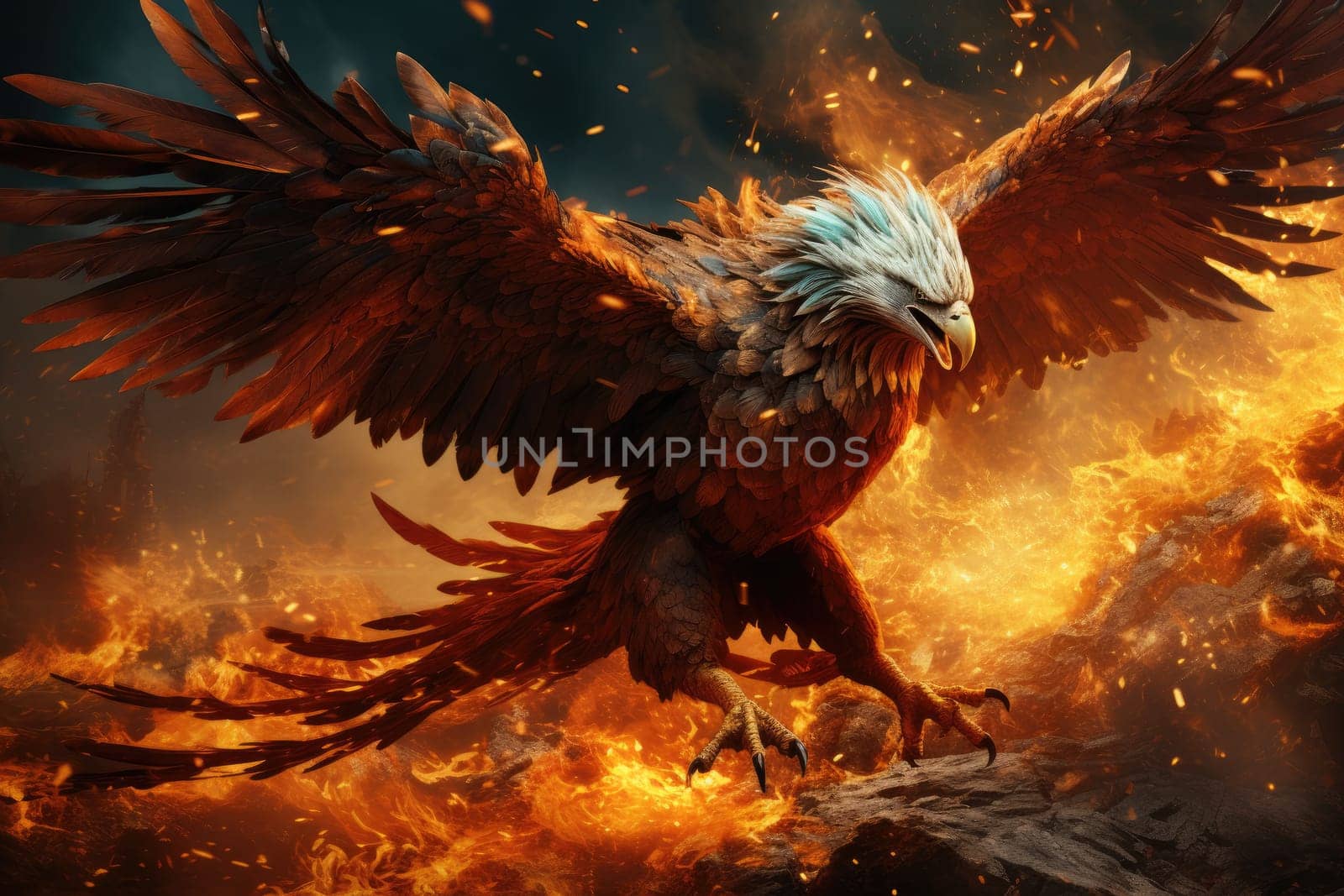 Phoenix is flying burning with fire. Birds. Mythical creatures. Generative AI.