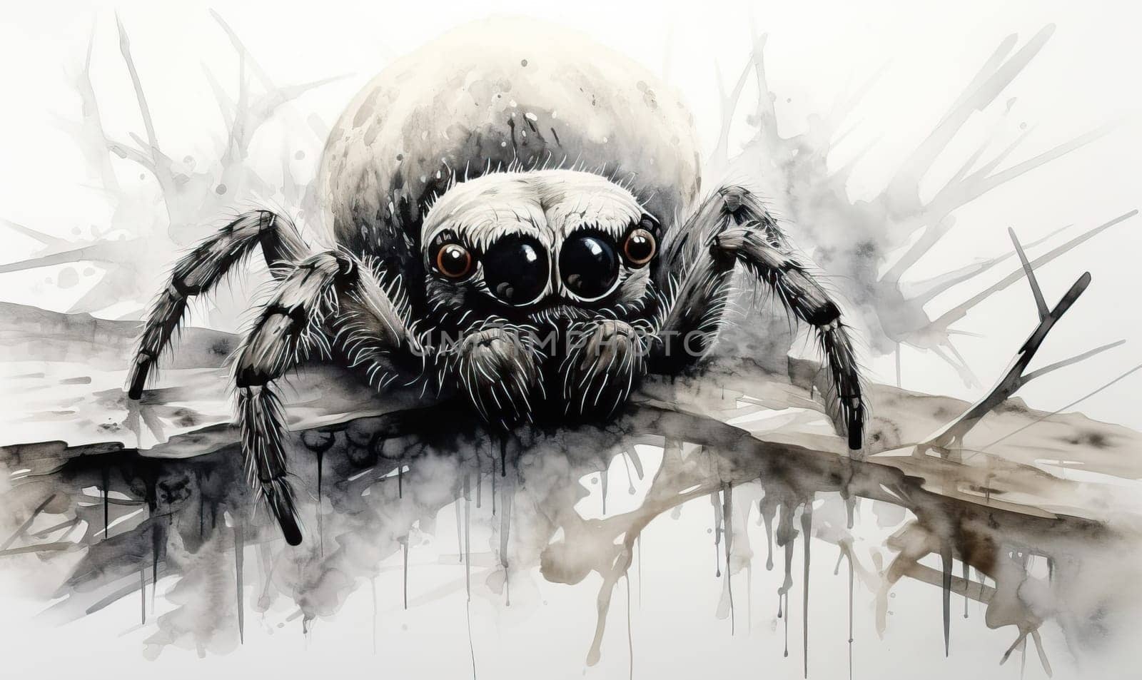 Drawing of a spider on a white background. Selective soft focus.