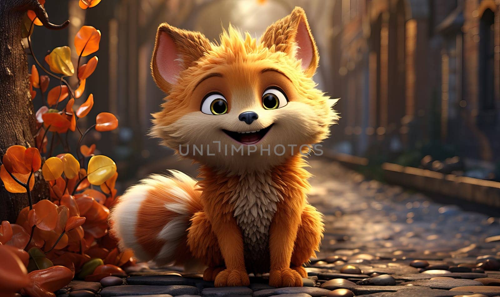 Cartoon animal fox on autumn background. by Fischeron