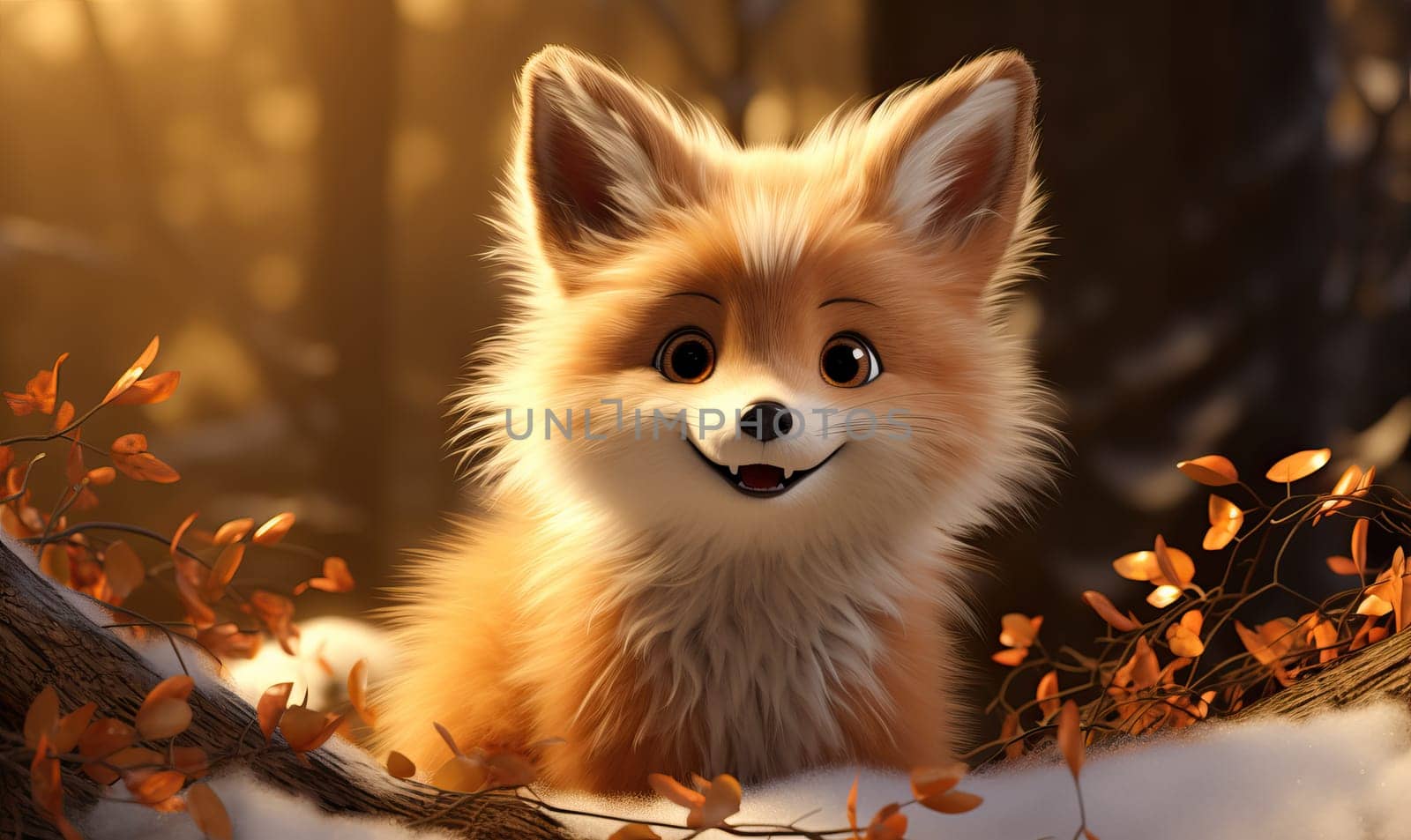 Cartoon animal fox in a winter landscape. Selective soft focus.