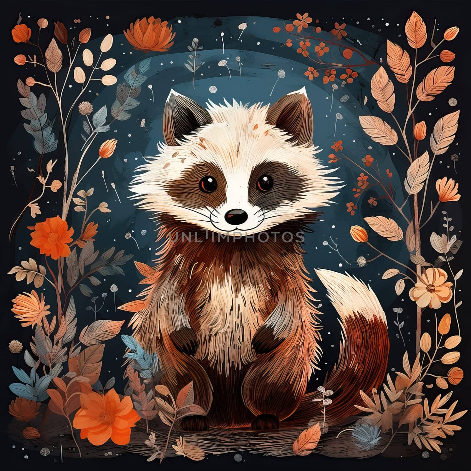 Cartoon animal raccoon on autumn background. Selective soft focus.