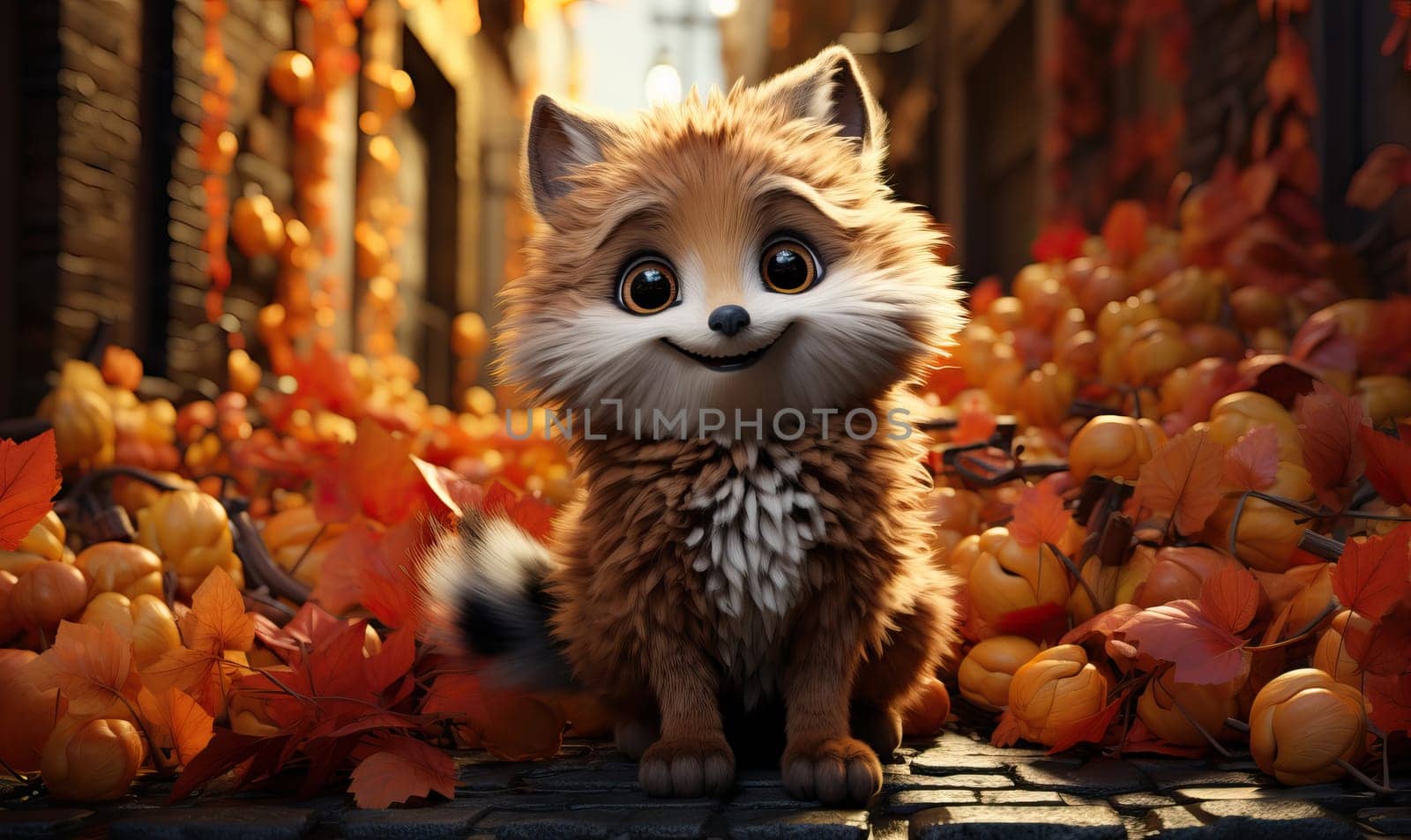 Cartoon animal fox on autumn background. Selective soft focus.