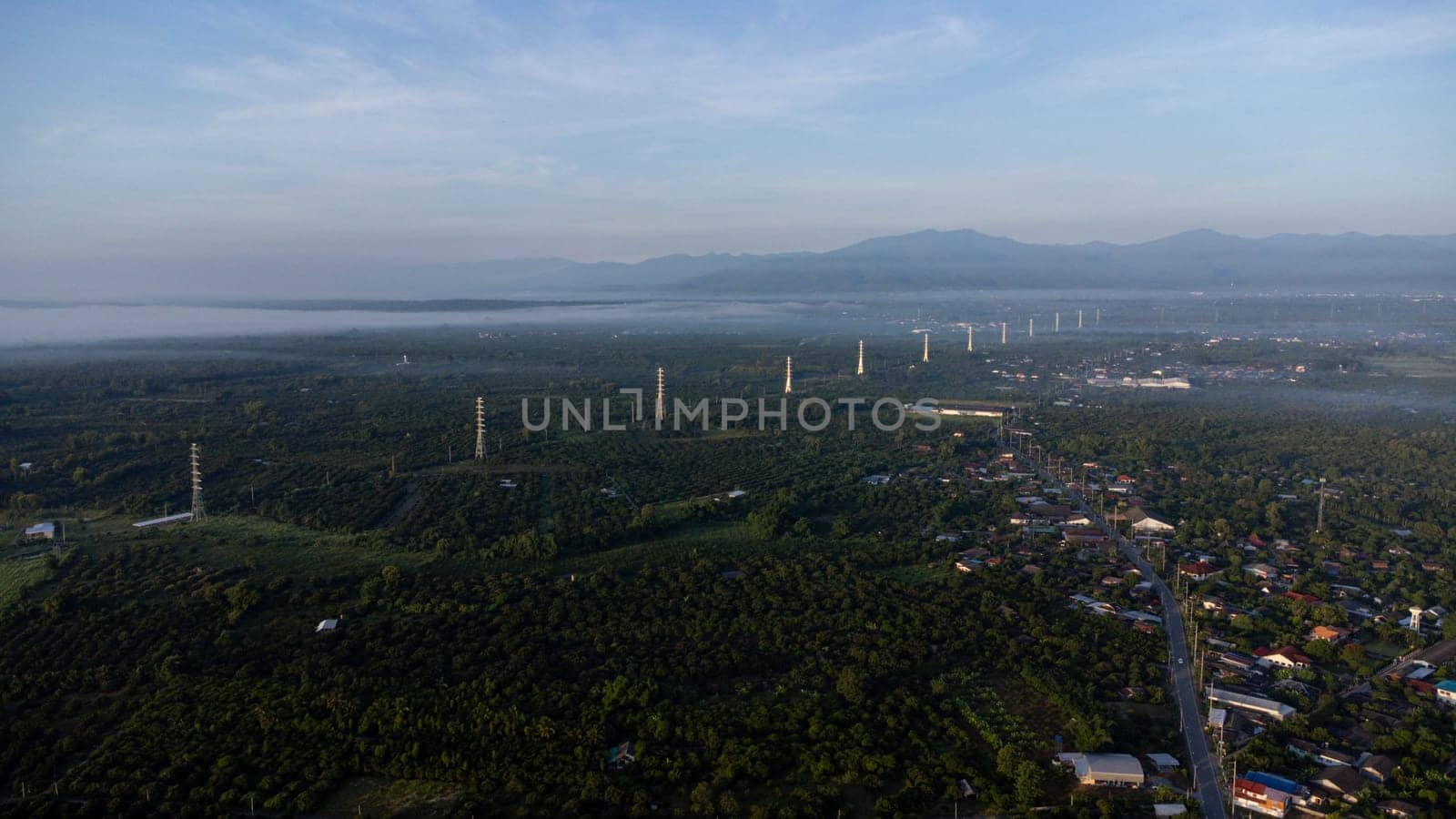 Aerial view of High voltage grid tower with wire cable at tree forest with fog in early morning. Colorful landscape with woods in fog, sunbeams, sky, forest in winter morning. by TEERASAK