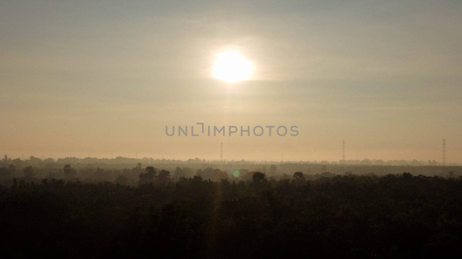 Aerial view of High voltage grid tower with wire cable at tree forest with fog in early morning. Colorful landscape with woods in fog, sunbeams, sky, forest in winter morning. by TEERASAK