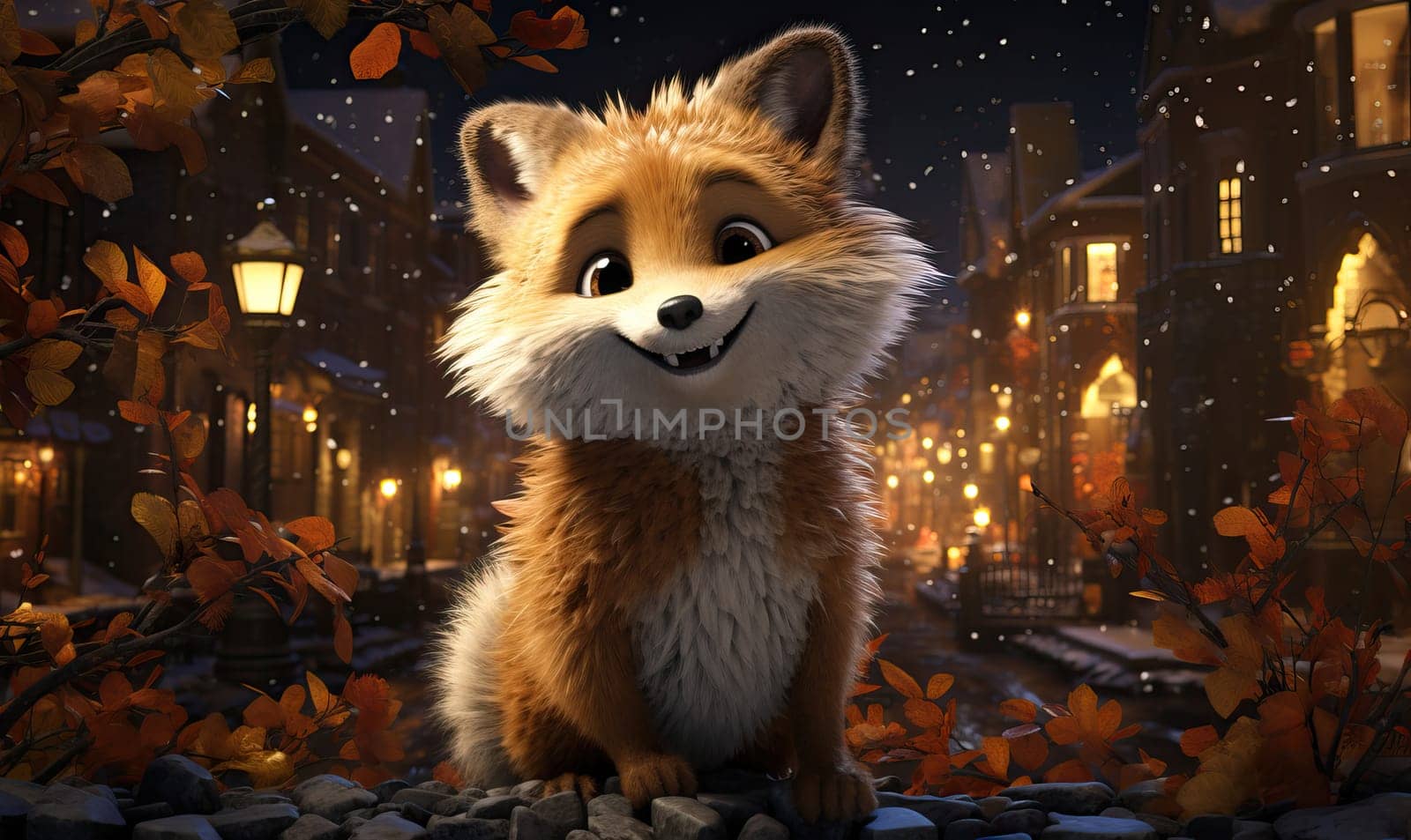 Cartoon animal fox on autumn background. Selective soft focus.