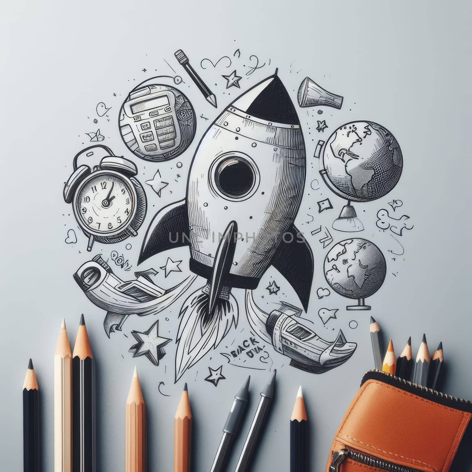 Back To School - Rocket With Colorful Pencils And Blackboard - Startup Concept.