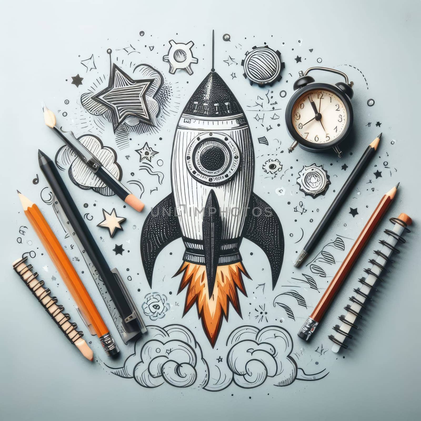 Back To School - Rocket With Colorful Pencils And Blackboard - Startup Concept.