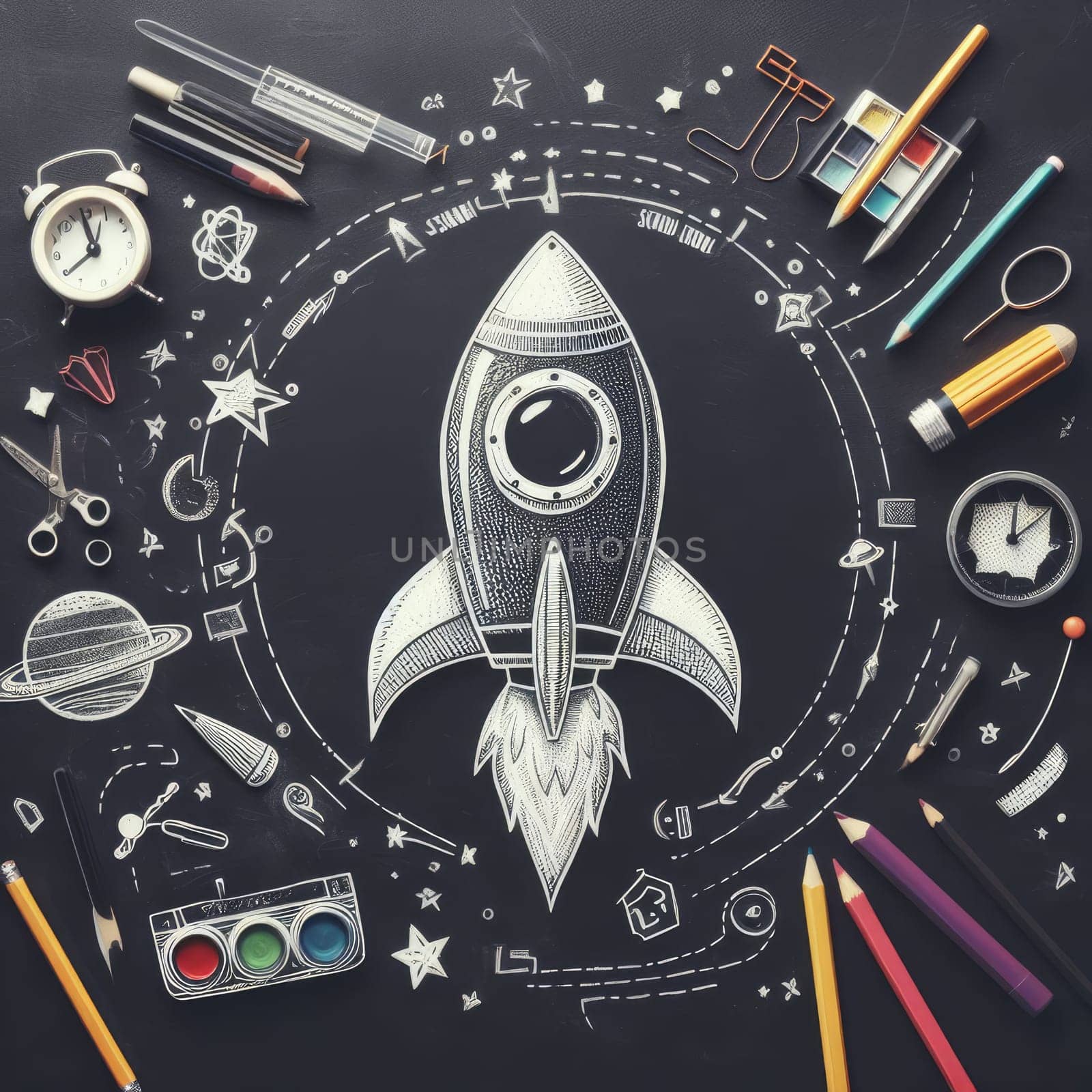 Back To School - Rocket With Colorful Pencils And Blackboard - Startup Concept.