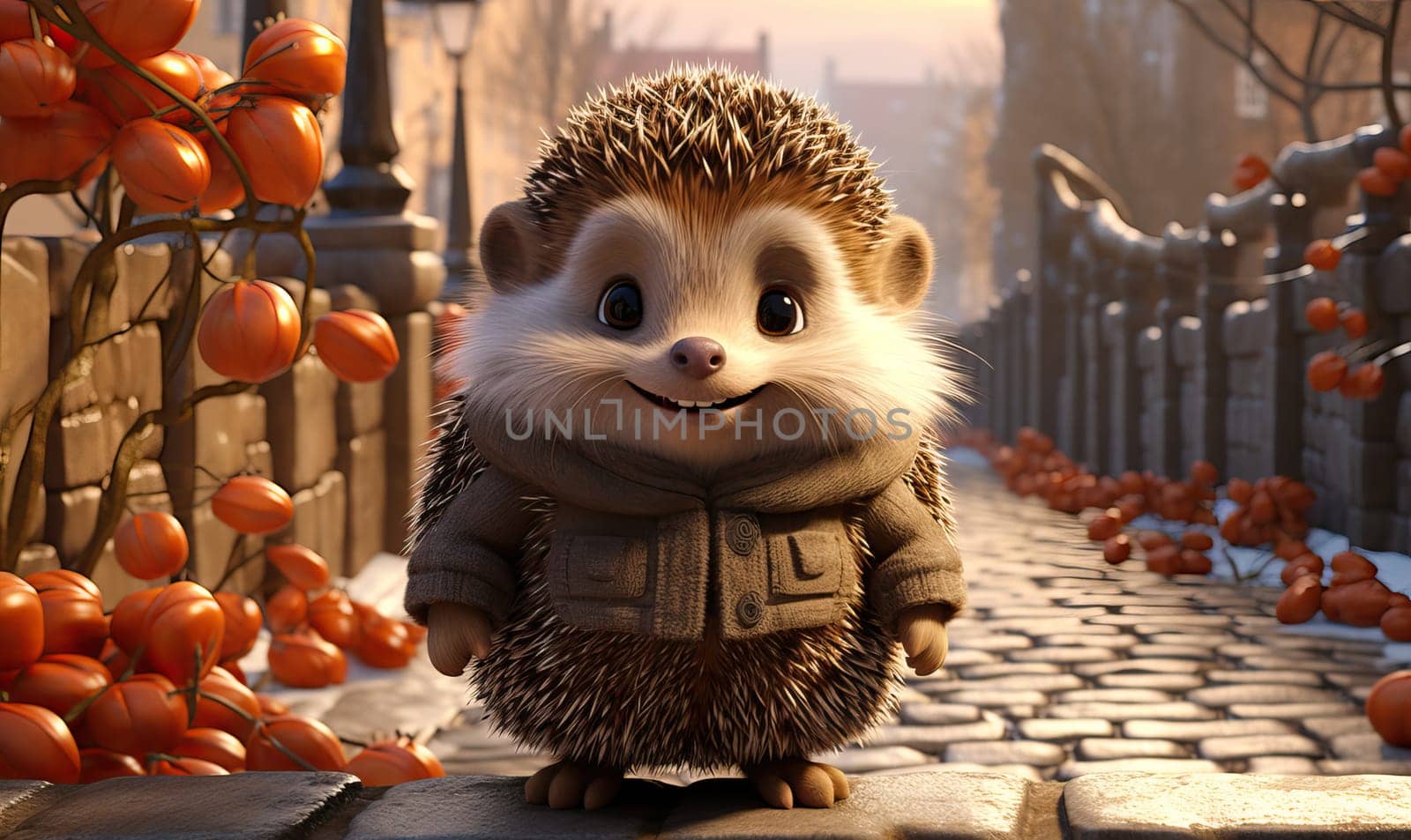 Cartoon animal hedgehog on autumn background. Selective soft focus.