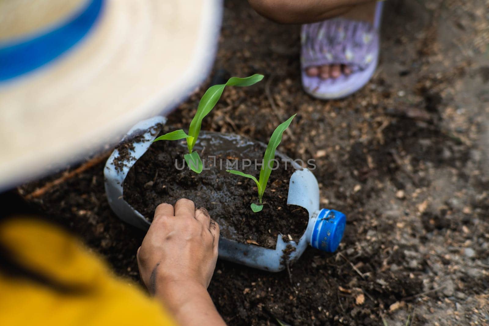 Little girl and mom grow plants in pots from recycled water bottles in the backyard. Recycle water bottle pot, gardening activities for children. Recycling of plastic waste by TEERASAK