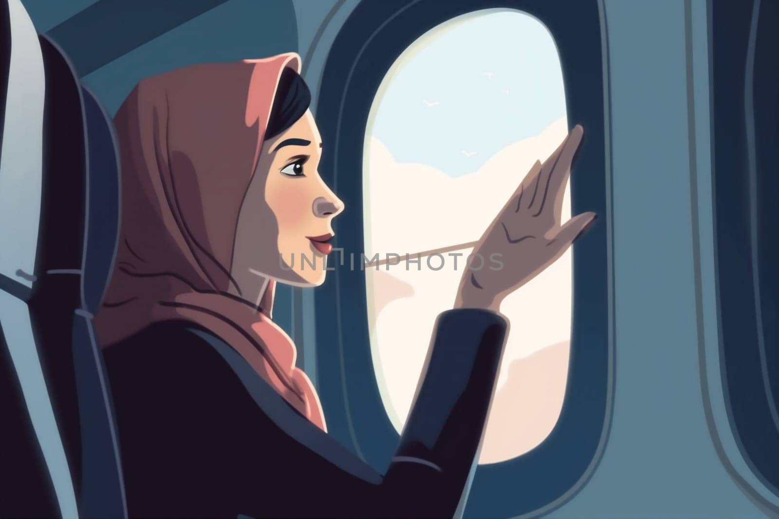 airliner woman seat character cabin plane airline illustration journey female young passenger flight porthole inside trip window voyage holiday transport transportation. Generative AI.