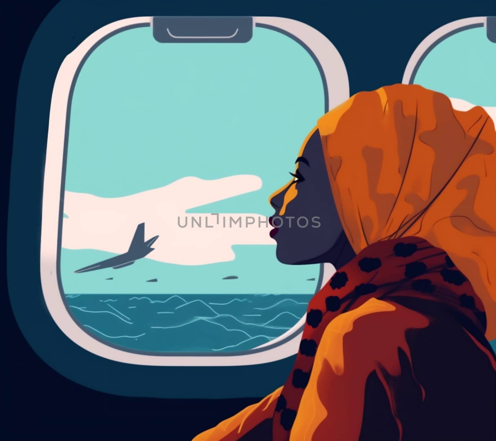 plane woman journey voyage trip flight transportation window seat character passenger. Generative AI. by Vichizh