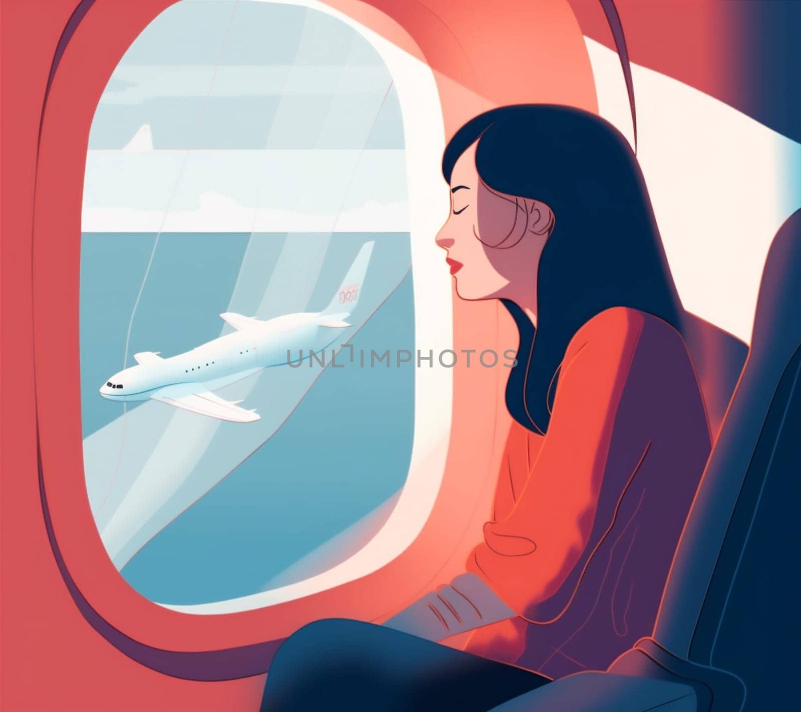 flight woman passenger trip plane transportation window character journey transport seat. Generative AI. by Vichizh