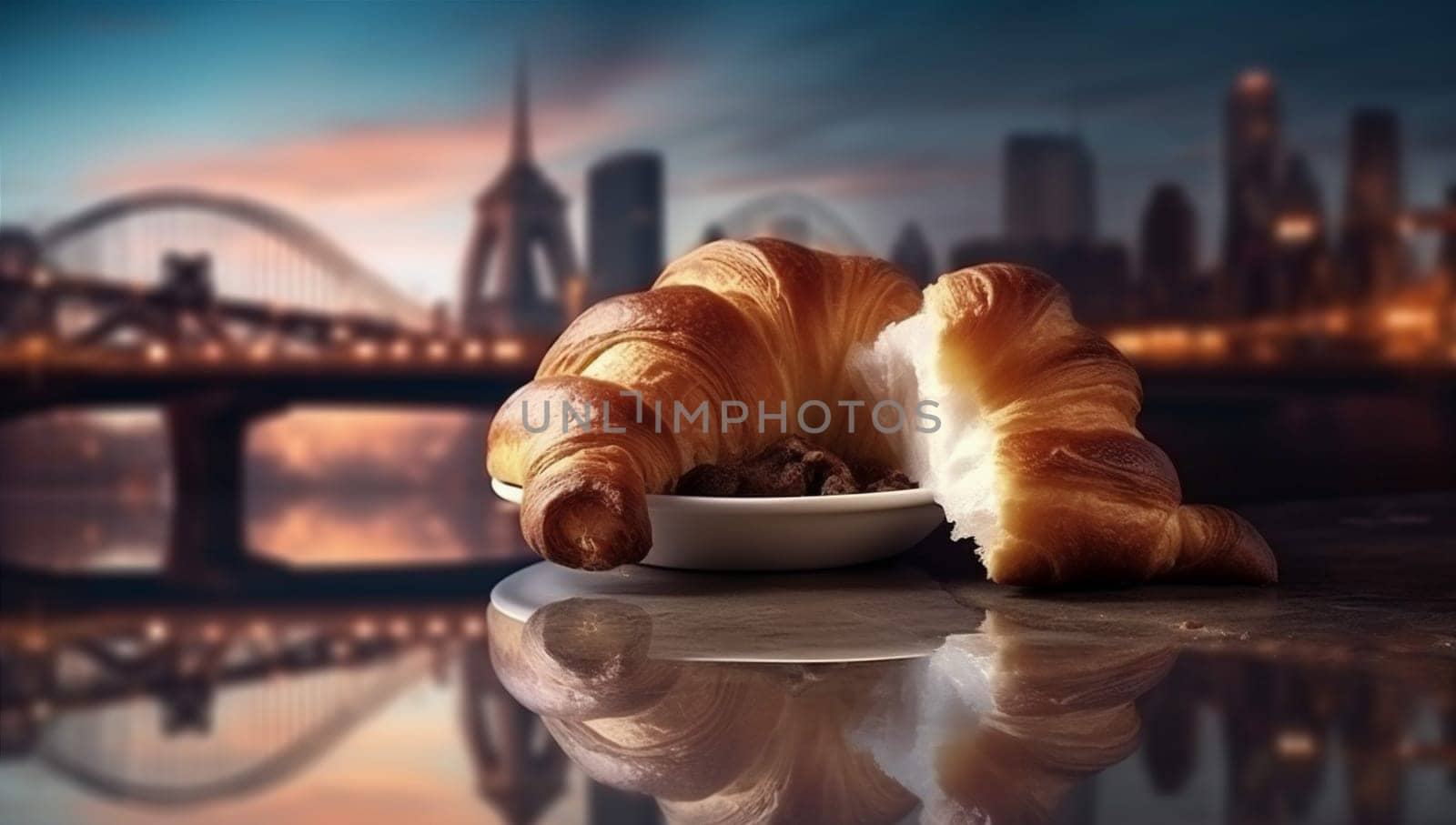 bakery eiffel tower cityscape cup cafe fresh france hot breakfast drink food drink delicious table bar nobody croissant french bread cappuccino paris. Generative AI.