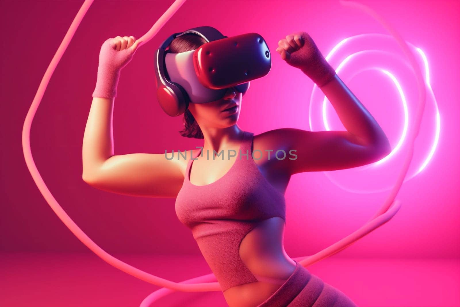 woman digital sport virtual game neon reality innovation glasses vr metaverse. Generative AI. by Vichizh